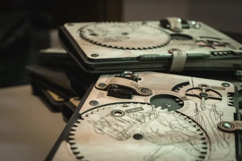 Zásobník dřevěných šifrovacích boxů s ozubenými koly - rekvizity Scavenger Hunt Prague