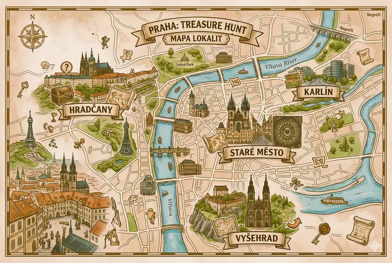 Tým prozkoumává mapu pražských ulic při Treasure Huntu