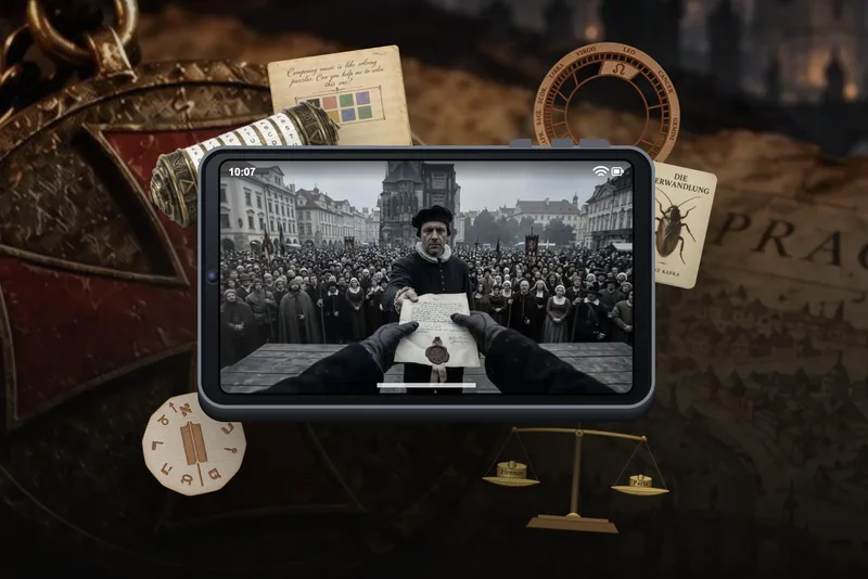 Tablet s filmovou scénou ze Staroměstského náměstí obklopený herními rekvizitami - hra The Templar Secret