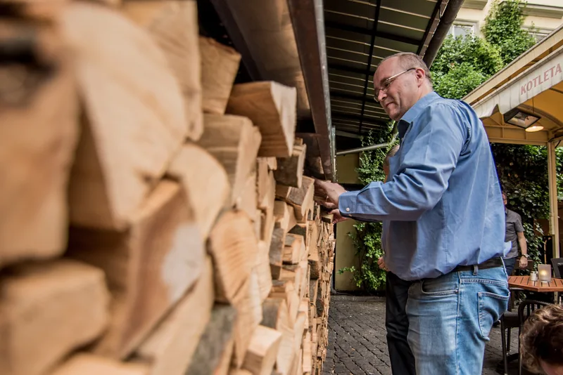 Siemens-Schnitzeljagd-Teilnehmer sucht nach einem versteckten Hinweis zwischen Holzstämmen